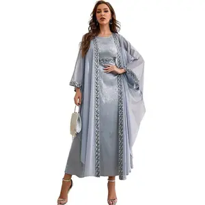 穆斯林迪拜卡夫坦晚礼服休闲开衫阿拉伯2件套真丝卡夫坦夏季女性和服开放Abaya迪拜