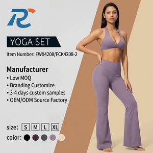 RONGCHAO Womens Breathable Lightweight Halter V-Neck Yoga Set Twist Front Sports Bra High Waist Flare Pants 2-Piece Fitness