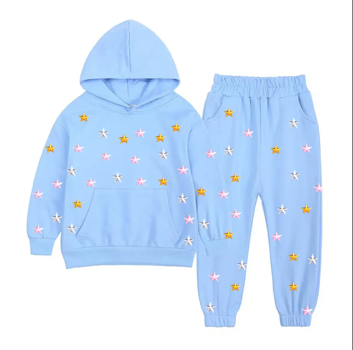 Индивидуальные осенне-зимняя детская одежда, разноцветный Свитшот со звездами, комплект для джоггера, повседневные комплекты одежды для девочек
