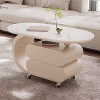 Table basse moderne incurvée avec plateau en pierre frittée, roulettes pivotantes et 2 tiroirs