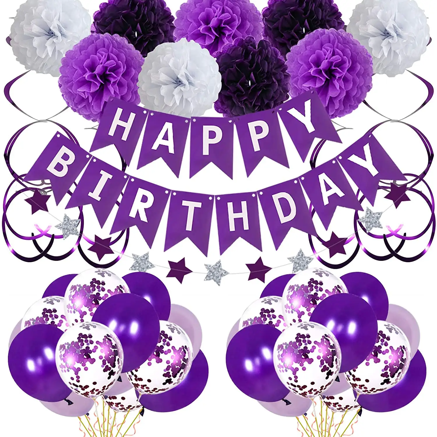 Purple Happy Birthday Party Decorations with Bunting Banner Balloons Pompoms Hanging Swirl for Bday Party Decor Supplies