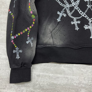 Vintage soleil délavé coton Streetwear imprimé à capuche unisexe surdimensionné strass à capuche lourd acide lavage graphique sweats à capuche - Product Image 5