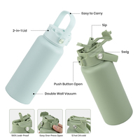 Gourde isotherme en acier inoxydable de 32 oz à double paroi avec couvercle à bouton-poussoir, bouteille de voyage portable pour le camping
