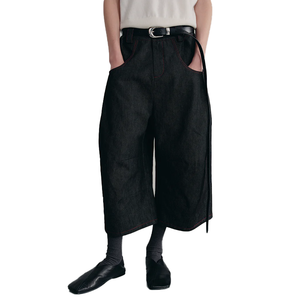 Custom Logo <b>Women</b> Raw Selvedge Wide Leg Cropped Denim Shorts High Rise <b>Red</b> Topstitch Oversized Baggy Knee Length Bermuda <b>Jeans</b> - Product Image 1