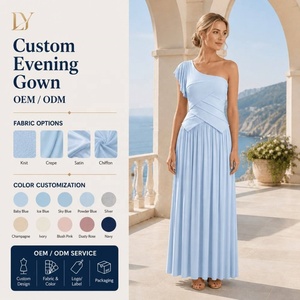Fabricant de robes de soirée longues en mousseline plissée à volants et à une épaule, sur mesure, en gros - Product Image 1