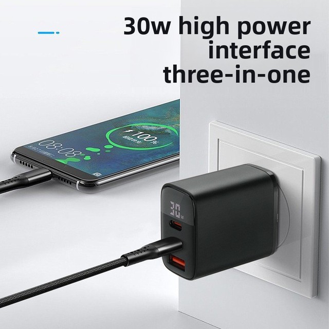 30W Digital-display Dual-port PD Fast-charging Adapter Charging Head K35 Compatible for 16 Pro; Universal USB-C USB-A Charger
