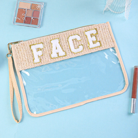 Sac cosmétique transparent en PVC avec dessus tissé et broderie de lettres, imperméable, portable, organiseur de maquillage de voyage pour usage quotidien
