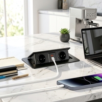Prise de table escamotable à alimentation dissimulée USB PD 65W à charge rapide avec 2 ports USB-A, 1 port USB-C, 2 prises, en alliage d'aluminium, pour usage commercial