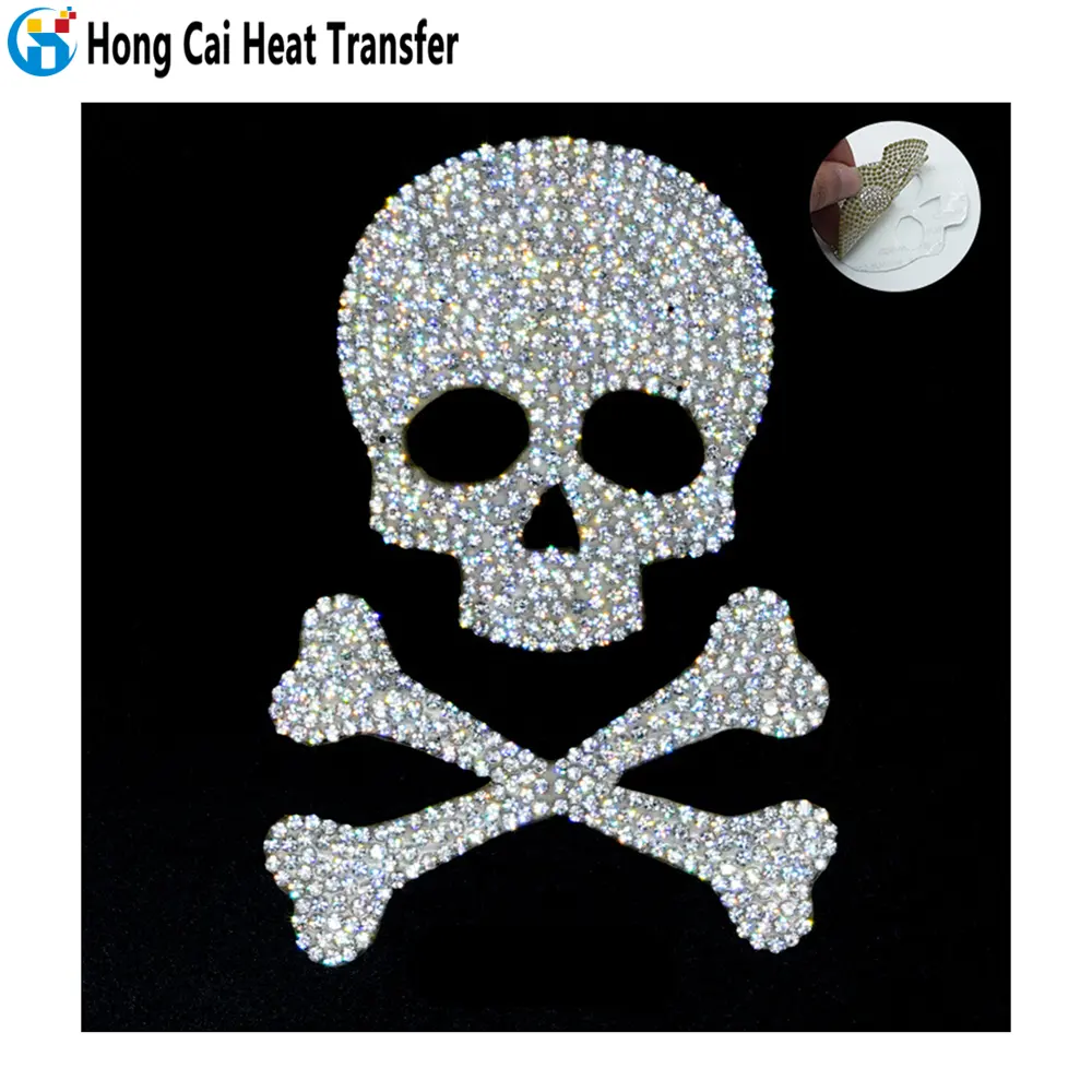 Hongcai pegatinas de diamantes de imitación personalizadas calaveras letras adhesivo hoja decorativa hierro en transferencia de impresión de diamantes de imitación