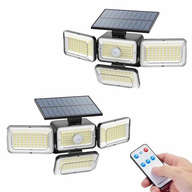 Motion Sensor Outdoor Light Remote Control 4 Heads IP65 Waterproof Solar Garden Flood Security Lights for Outside Patio Wall
