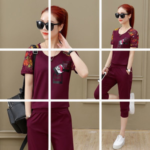 Women's Korean Style Casual Two-Piece Set Short Sleeve Capri Pants Printed Patchwork Polyester Knitted Adult Size - Product Image 1