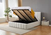 Cama Moderna Tapizada con Almacenamiento, Cama Tapizada Personalizada con Rayas Beige, Estructura de Cama de Madera de Lujo Personalizada en Tamaño King Size