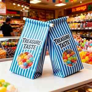 Sac en papier rayé avec fenêtre pour bonbons - Emballage alimentaire personnalisé, idéal pour le pop-corn/les gelées/les snacks, emballage de détail pour sacs cadeaux - Product Image 3