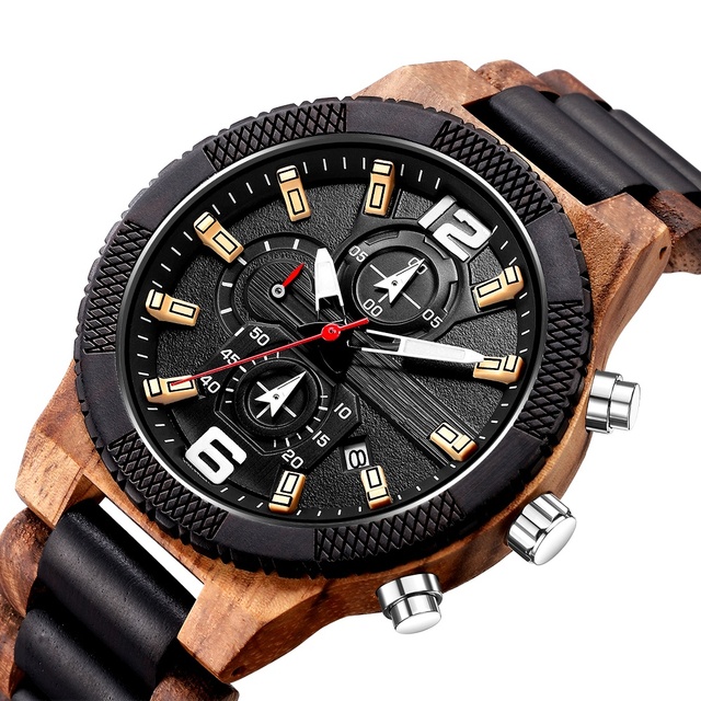 Fashion Luxury No Logo Luminous Engravable Chronograph Quartz Glass Dial Ebony Wood Watch for Men 12 Months Battery Life Latest