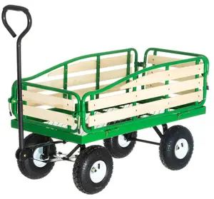 Utility Wagon Trolley Tuin Winkelwagen Steekwagen Winkelwagen Met Houten Reling Handige Multipurpose Trailer Hout Winkelwagen