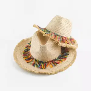 Women's New Western Style Classic Cowboy Cowgirl Summer Fedora Straw Mens Ladies Round Up Raffia Straw Cowboy Sun Hat