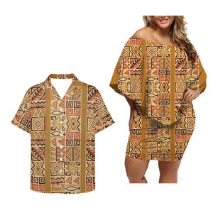 Couples vêtements hommes et femmes rejoignent fête <span class=keywords><strong>tatouage</strong></span> <span class=keywords><strong>polynésien</strong></span> impression conception mode moulante robes décontractées correspondant hommes chemise - Product Image 4