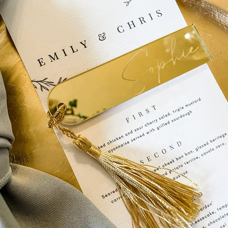 Diseño personalizado boda oro nombre lugar equipaje etiquetas lujo láser grabado nombre oro espejo acrílico nombre etiquetas con borla