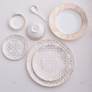 D-Series 28 Pcs Gold Edged Ceramic Bone China <b>Dinnerware</b> <b>Set</b> Eco-Friendly Wedding Use Plates Bowls with Gift Boxes - Product Image 3