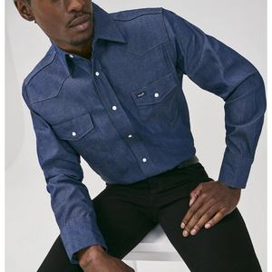 T-shirt à manches longues pour homme, style décontracté chic, col classique, avec poche, en chambray, manches à revers, style western - Product Image 5