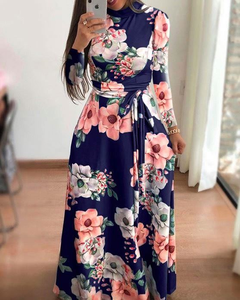 Nouvelle <span class=keywords><strong>robe</strong></span> <span class=keywords><strong>longue</strong></span> décontractée de plage bohème pour femmes, nouvelle conception d'automne, manches longues, imprimé floral, col haut, robes maxi pour femmes - Product Image 6