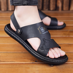 Men's Genuine Leather Flat Sandals Open Toe Anti Slip Breathable Waterproof Casual Summer <b>Beach</b> <b>Shoes</b> Embossed Logo - Product Image 2