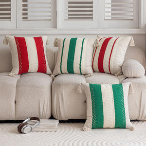 Christmas Red Green <b>Striped</b> Tassel Pillowcase Square Cotton Removable Home Decor <b>Cushion</b> Cover - Product Image 3