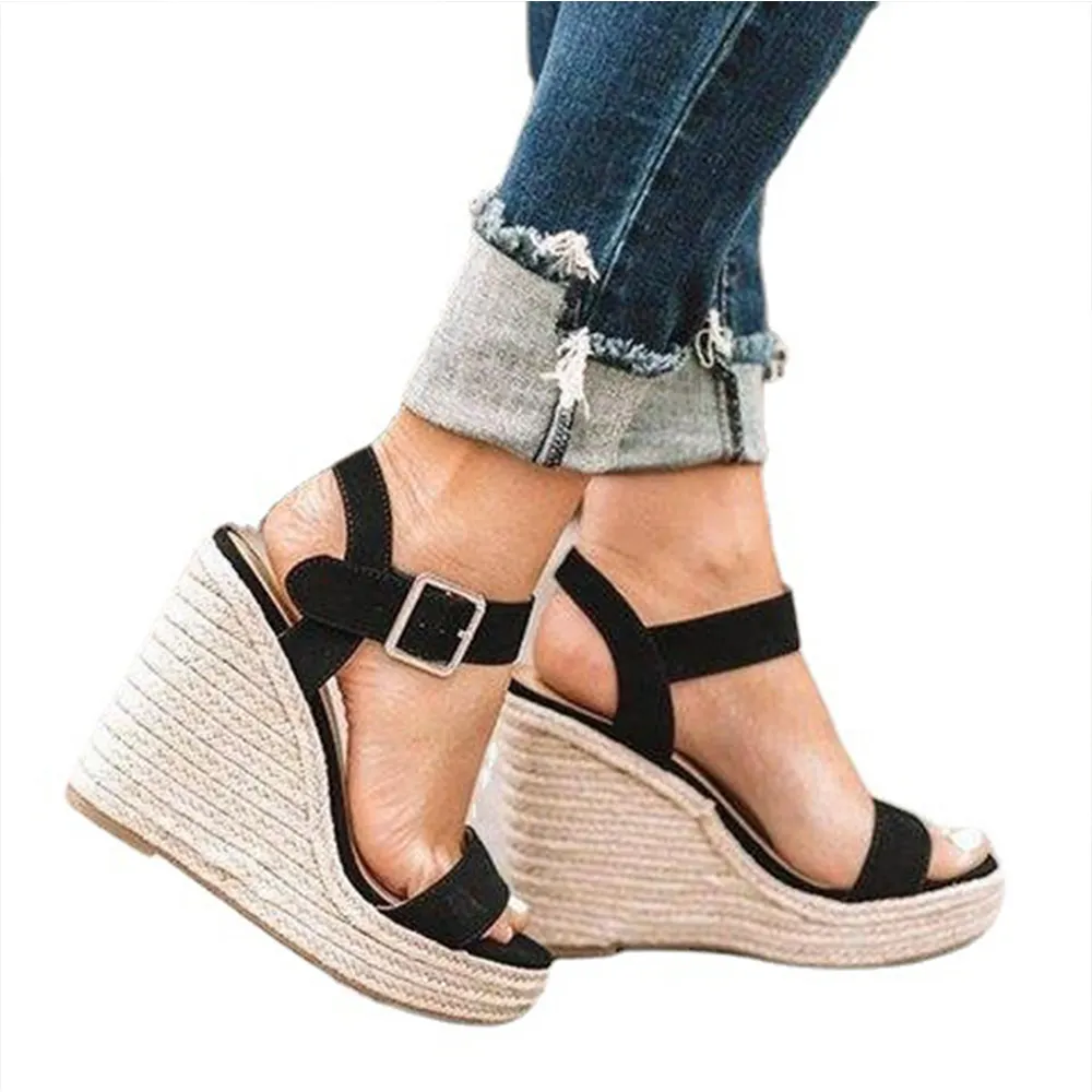 Wholesale fish mouth super high heel solid women buckle platform slide sandals wedges shoes