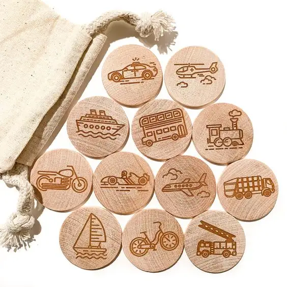 Tamanho personalizado madeira redonda discos inacabados moedas madeira madeira Natural memória jogo token brinquedos