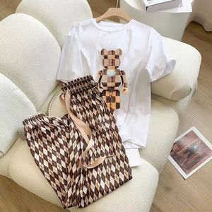 Комплект из 2 предметов с мультяшной сеткой, Лидер продаж, женские повседневные комплекты, Модный женский топ и брюки - Product Image 3