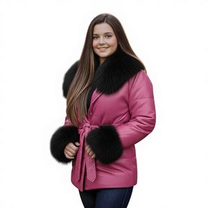 Veste en cuir matelassée pour femme avec motif à carreaux, fermeture éclair, design fin, coupe-vent, col en fourrure de renard - Vêtement d'extérieur d'hiver - Product Image 1