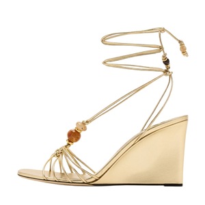 Sandalias de cuña metálicas doradas para mujer al por mayor, con <span class=keywords><strong>tiras</strong></span>, cordones, pedrería, tacones altos, sexys, para fiesta de verano, zapatos de moda - Product Image 2