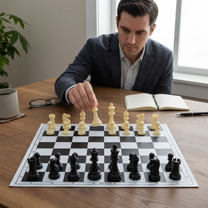 Jeu d'échecs classique en plastique avec des pièces noires et blanches sur un plateau pliable pour les jeux d'intérieur - Product Image 1