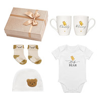 Juego de Regalo de Lujo para Bebé Recién Nacido, 5 Piezas, Tema de Osito, Mameluco, Gorro, Calcetines, Taza, con Caja de Regalo para Baby Shower