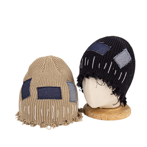 Gorro de punto unisex de acrílico con parche de etiqueta, sin dobladillo, desgastado, a la moda, con logo personalizado, para invierno - Product Image 1