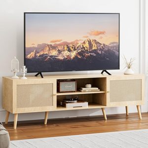 Soporte para <span class=keywords><strong>TV</strong></span> de 65'', Centro de Entretenimiento con Puerta de Ratán, Estantes y 2 Gabinetes, Consola Multimedia Larga Estilo Boho para Sala de Estar, Natural - Product Image 1