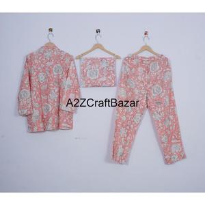 Pijama de algodón indio elegante y cómodo para mujer, Conjunto de pijama con estampado Floral y bloque de mano, cintura elástica, ropa de noche suave para verano - Product Image 4