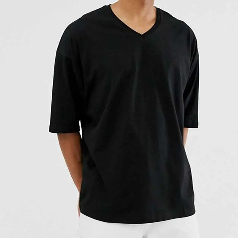Camisetas transpirables personalizadas de gran tamaño para hombre, Camisa de algodón y LICRA con hombro caído, diseño de moda con cuello en V