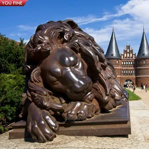 Estátua de bronze deitado ao ar livre, tamanho de vida do jardim guarda leão dormindo escultura