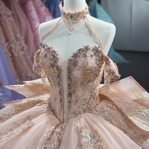 Dy8579 Peach Champagne Gold Appliques Embroidery Natural Quinceanera Ball Gown Corset Sweetheart Crystal Choker <b>Chiffon</b> <b>Skirt</b> - Product Image 3