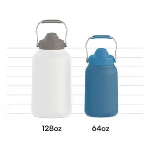 Botella de agua aislada al vacío de acero inoxidable 128 de 64oz, 18/8 oz, jarra de galón con mango de metal, fácil de llevar para senderismo
