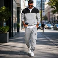 Ensemble de survêtement décontracté pour hommes, 2 pièces, sweat-shirt colorblock à quart de zip et pantalon de jogging, vente en gros d'usine