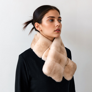 Écharpe cache-cou longue 90 cm en fourrure de lapin Rex pour femme, style coréen, design tendance, épaisse et chaude, color-block, pour l'hiver - Product Image 4