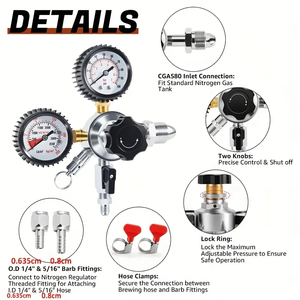 CGA580 Dual Gauge Nitrogen Regulator bir tong sistem dengan 0-100 PSI tekanan 5/16 "& 1/4" outlet untuk Draft bir, Homebrew - Product Image 4