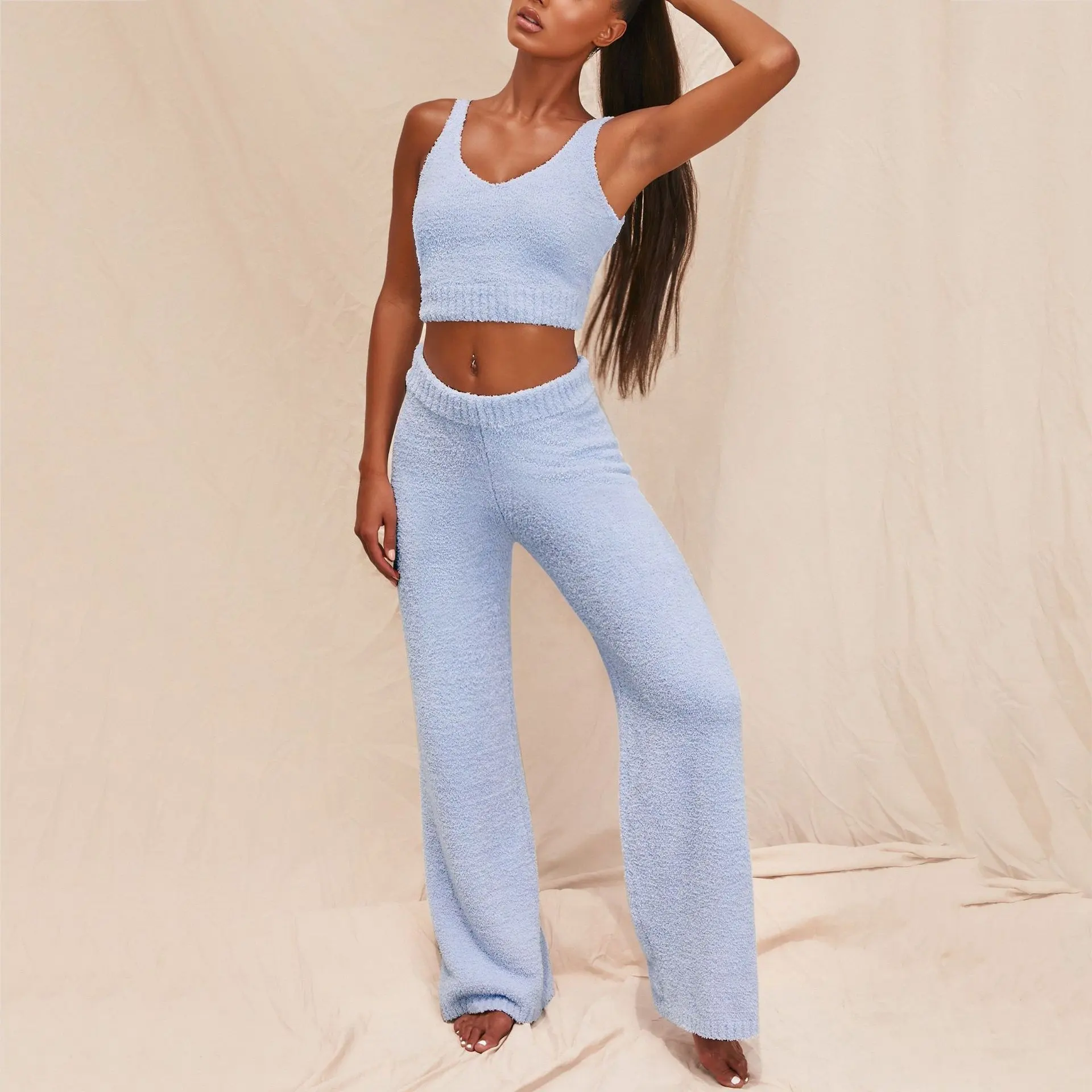 Fuzzy Women Sleeveless Top and Wide Leg Pants Sets Sexy Knitwear Two Piece Sweater Suits Solid Color Women Two Piece Set