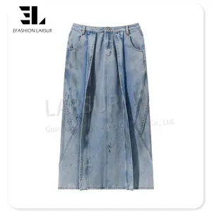 LARSUR Custom Denim Factory Women Y2k Long Mud Wash Waxed Coated Denim Cargo Skirt Baggy Midi Slit Maxi Jeans Skirt For Ladies