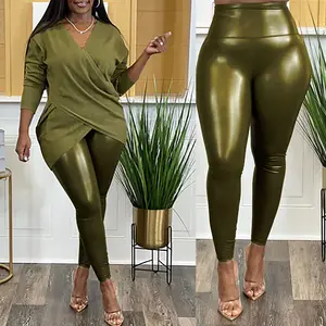 GX851 модная уличная одежда армейского зеленого цвета женские повседневные длинные брюки с высокой талией хорошо тянущиеся женские брюки для бега из ПУ кожи