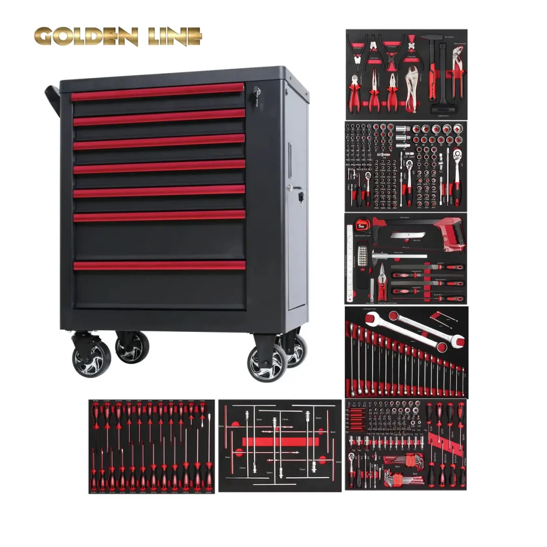 Goldenline 335 PCS Herramientas y 7 cajones Reparación automática Gabinete de almacenamiento de metal Carro de herramientas Gabinete de herramientas