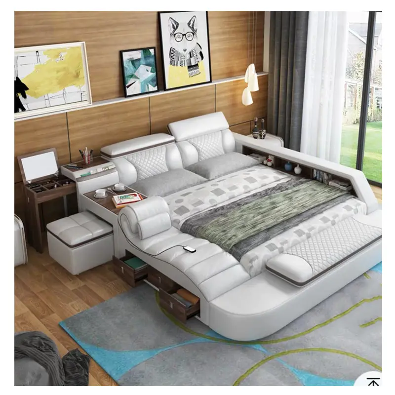 CBMMART Modern Luxury Multi機能Bedroom Furniture King Queen Size Leather Bed Room Sets BedsとLiving Roomソファ
