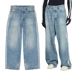 Remendo De Couro Personalizado Streetwear Jeans largos Lavado Perna Larga homens calças jeans Moda Listrado Decorativo jeans reto homens